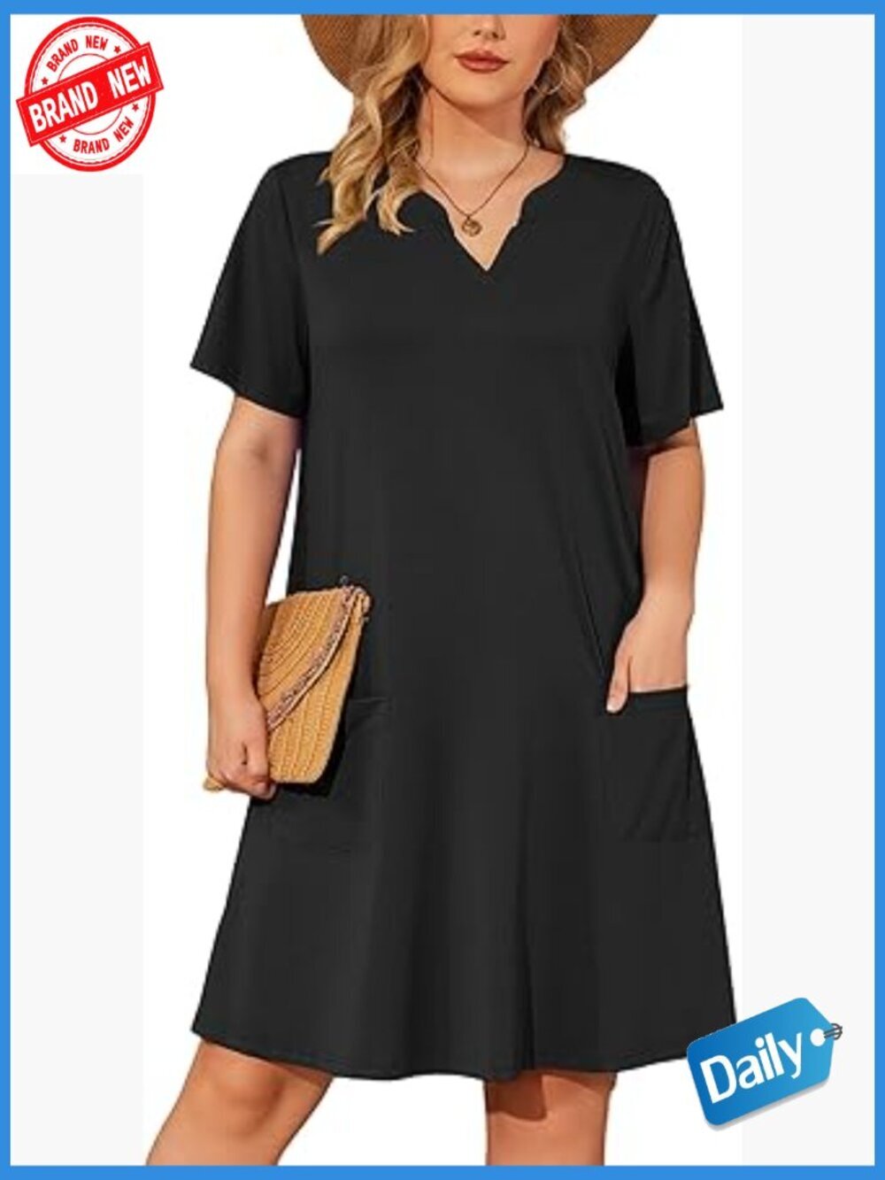 Plus Size Midi Dress Short Sleeve V Neck Loose Fit Summer Dress with Pocket